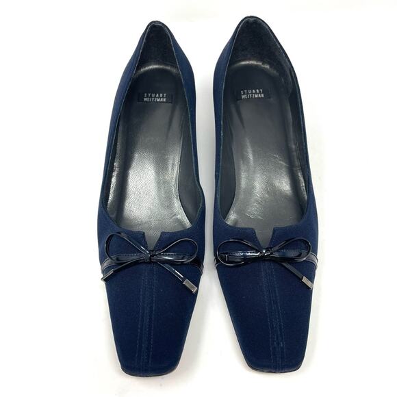 Vintage Stuart Weitzman Navy Blue Square Toe Kitten Heels w Black Bows Women's 7 - Picture 4 of 9